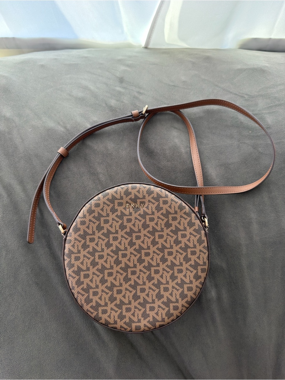 DKNY Brown Logo Round Crossbody Bag with Adjustable Strap
